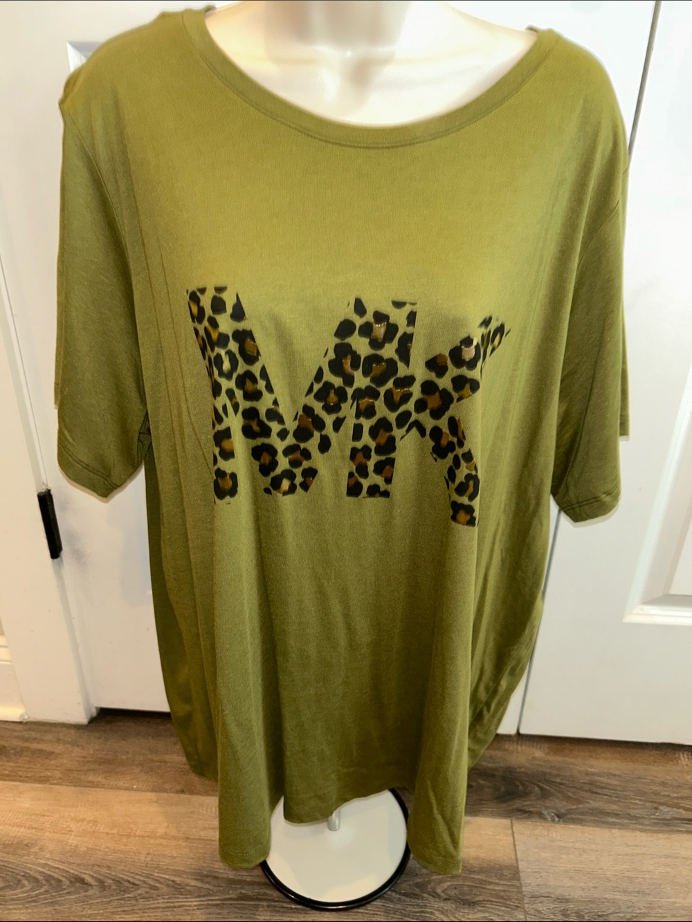 Michael Kors Olive Green Tee with Leopard MK Logo size 2X NWOT